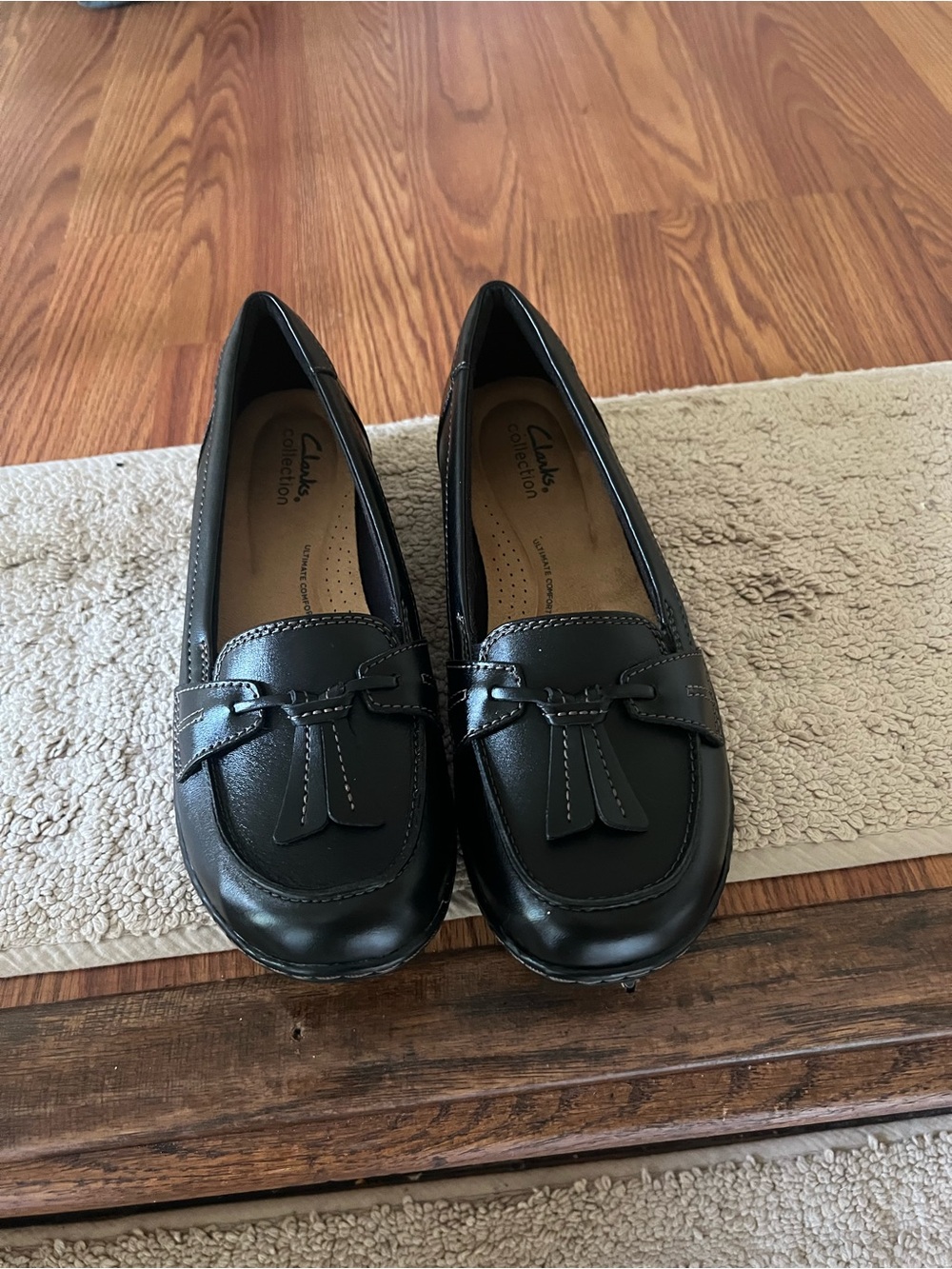 Clarks Black Leather Tassel Loafers for Women